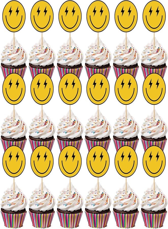 Incrizma 24 Pcs One Happy Dude Birthday Cupcake Toppers, Hippie First Birthday Decoration Mini Cake Picks for Boy Girl Anniversary Wedding Party Favors Supplies (Smile Face, 24) - Image 1